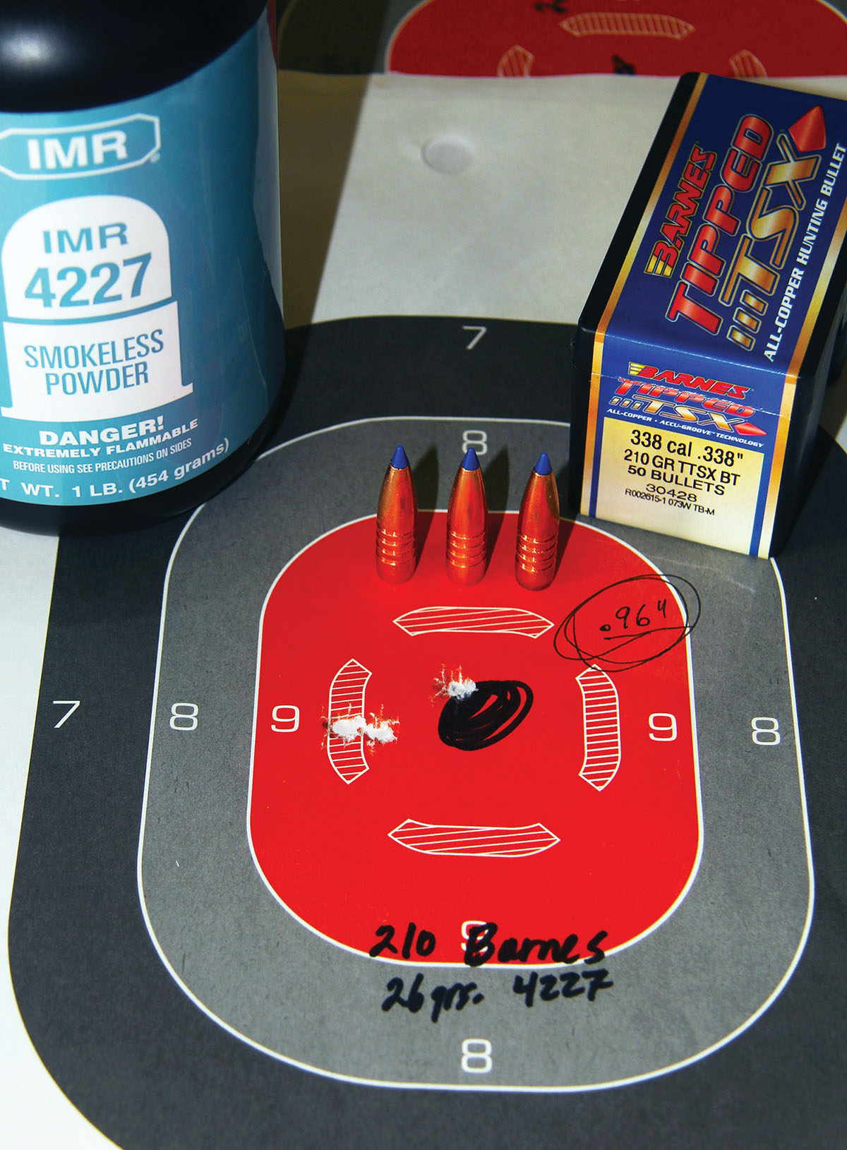 The 210-grain Barnes Bullets TTSX BT seated over a light load of 26 grains of IMR-4227 resulted in this sub-MOA three-shot/100-yard group, sent at 1,852 fps. That velocity could be easily improved upon.